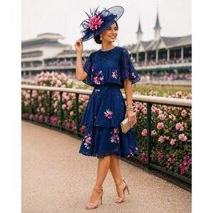 BCBGMaxAzria Navy Blue Floral Lace Tiered Ruffle Midi Dress Size 8 Derby Dress